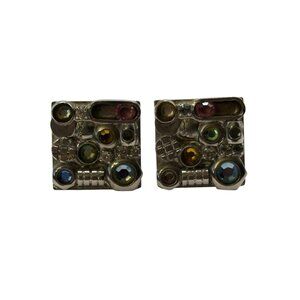 Sorrelli Earrings Clip On Silver Tone Rhinestone Modernist MCM Square Chunky VTG